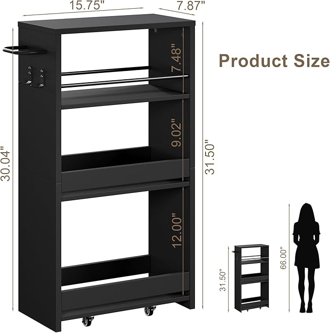 ChooChoo 4-Tier Slim Storage Cart, 7.87 inches Wide Narrow Storage Cabinet with 360° Wheels and 2 Hooks, Space-Saving Organizer for Kitchen, Narrow Places, Laundry Room, Black