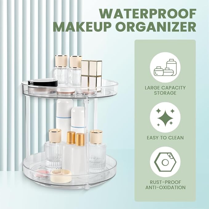 360 Clear Rotating Makeup Organize for Vanity,2 Tiers Lazy Susan Large-Capacity Skincare Organizers Cosmetic DisplayCase Organizer for Dresser, Countertop, Bathroom, Cabinet, Kitchen, Fridge (2Tiers)