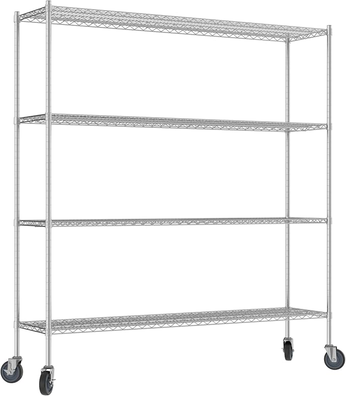 Commercial NSF Listed Chrome Mobile Wire Shelving Kit 18" x 72" x 80", with 4 Shelves Perfect for Warehouse, Walk-in Refrigerator, Freezer, Grocery Store, Restaurant, Dishroom