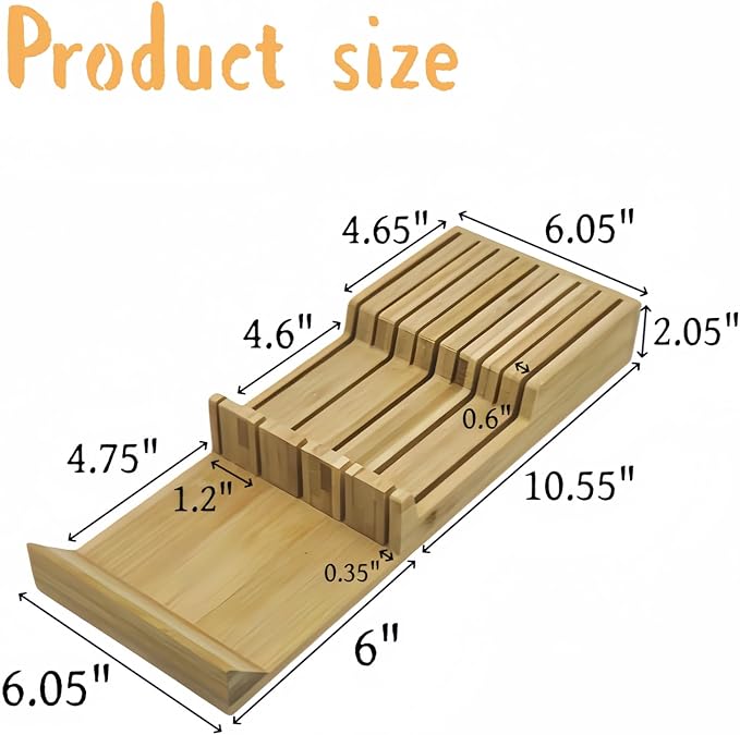 Bamboo Knife Drawer Storage Organizer Insert | 9-Slot Kitchen Knife Block with Anti-Slip Design| Space-Saving Kitchen Storage (16.55"x6.05"x2.05")