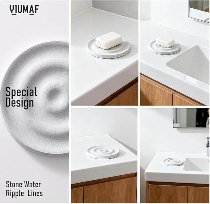Diatomite Stone Soap Dish & Tray - Water Absorbing for Bathroom Kitchen Sink, Quick Dry Sponge Holder, Non-Slip Stand, Round Organizer Mat for Bar Soap, Drying Tray & Coaster (White)