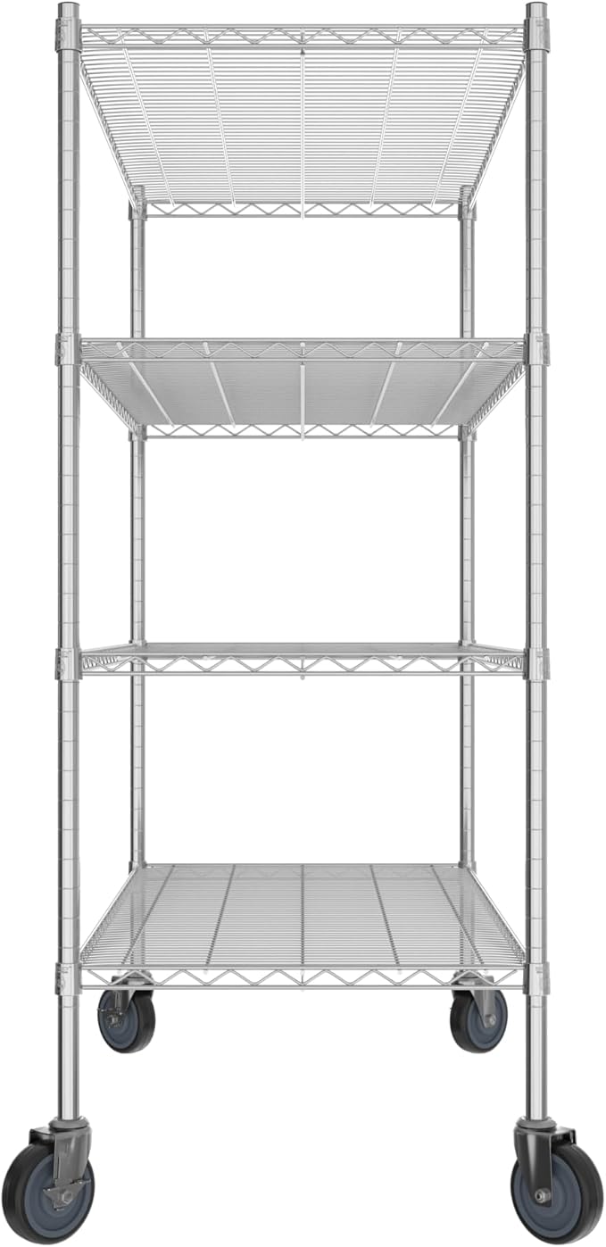 Commercial NSF Listed Chrome Mobile Wire Shelving Kit 24" x 48" x 60", with 4 Shelves Perfect for Warehouse, Walk-in Refrigerator, Freezer, Grocery Store, Restaurant, Dishroom