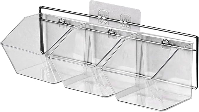Wall Mounted Storage Container, 3 Storage Grid Clear Plastic Self-Adhesive Hanging Onion and Potato Storage with Metal Rack and Traceless Sticker for Kitchen/Bathroom/Organizer Pantry