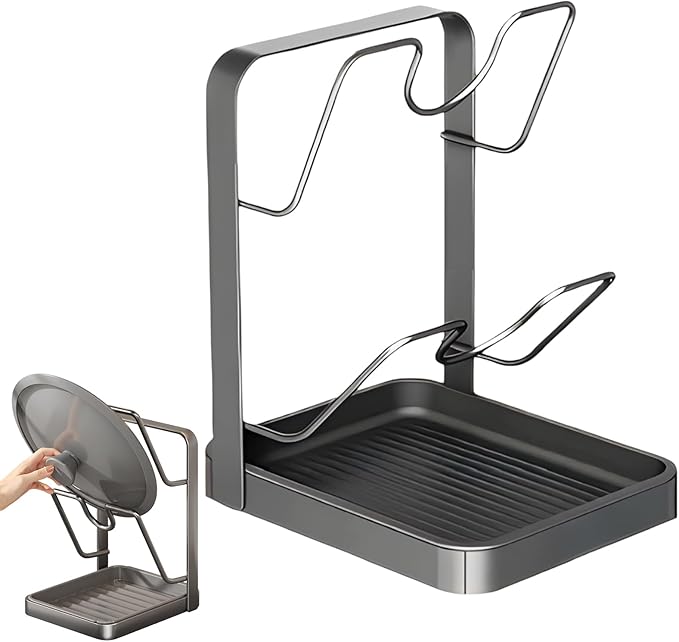 Kitchen Pot Lid Storage Rack, Pot Lid Organizer, Pot Lid Holder U-Groove Carbon Steel With Drip Tray