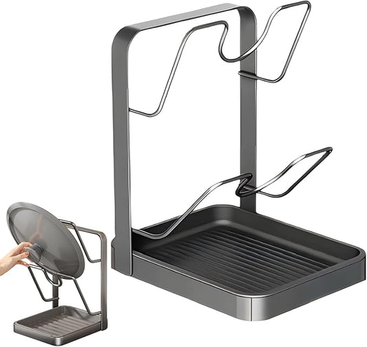 Kitchen Pot Lid Storage Rack, Pot Lid Organizer, Pot Lid Holder U-Groove Carbon Steel With Drip Tray
