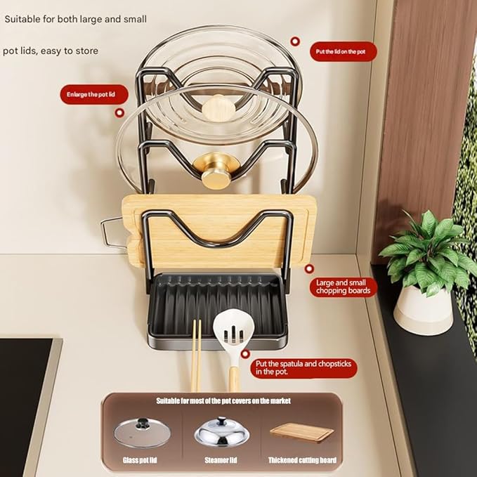 Kitchen Pot Lid Storage Rack, Pot Lid Holder With Tray, Lid Holder While Cooking, Lid And Spoon Rest, Multifunctional Kitchen Organizer Stand for Stove Top (Carbon steel,B, 3-Layer)