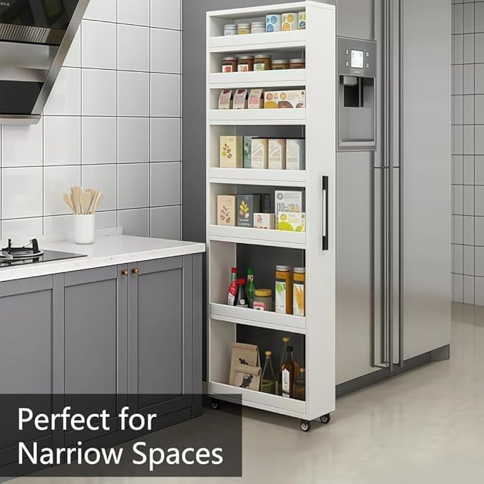 7 Tier Slim Rolling Storage Cart with Wheels, Narrow Storage Cabinet for Small Spaces, Mobile Spice Rack Organizer for Kitchen, Pantry, Baking Room, Dining Room(White,5.9"x17.7"x72.4")