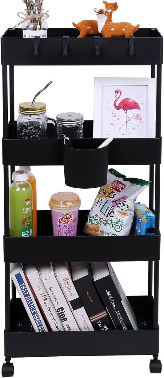 4 Tier Slim Rolling Utility Kitchen Cart Bathroom Organizer for Narrow Places Multipurpose Storage Shelve Mobile Trolley for Bedroom Laundry Office Restaurant Garage Pantry (Black)