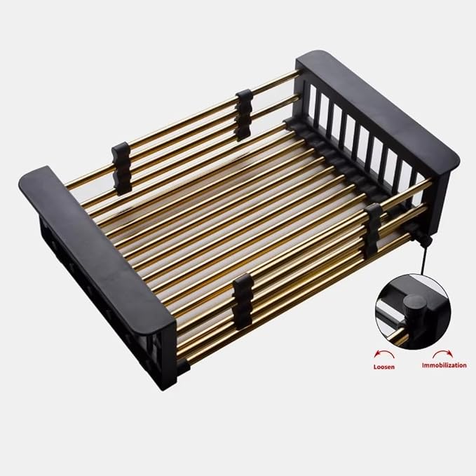 Gold Expandable Dish Drying Rack Over The Sink, Adjustable 10–18 Inch Stainless Steel Sink Drying Rack for Plates, Bowls & Utensils, Space-Saving Kitchen Counter Drainer