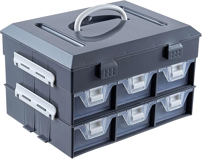 MyGift 11 Inch Classic Gray Tools Hardware and Screw Parts Storage Organizer Case with White Accents, 24 Customizable Compartments, 6 Drawers Removable Dividers