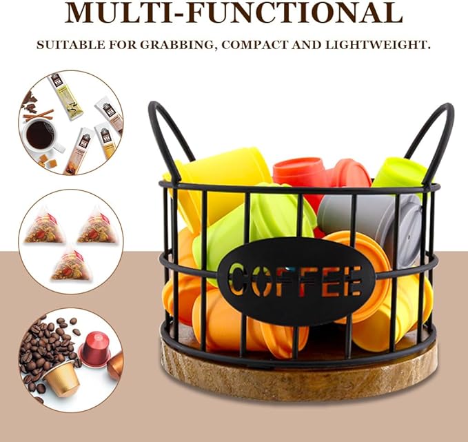 2 Pack Coffee Pods Holder for Countertop, Coffee Pods Storage Black Wire Basket with Wooden Base K Cup Holder Organizer Pod Container for Kitchen Countertop, Cafe Bar Organizer, Office Desktop