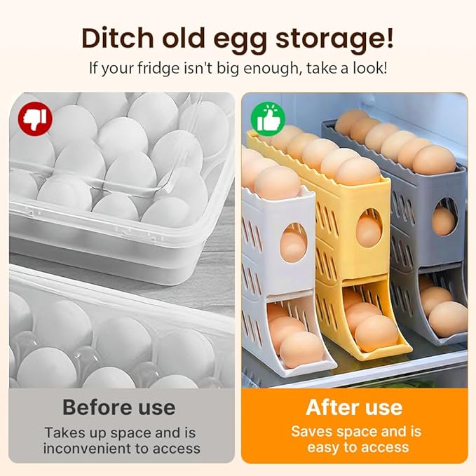 2026 Egg Holder for Fridge, Upgraded 4 Tiers Automatic Rolling Egg Dispenser, No Assembly Required Easy Access, Save Space for Refrigerator Holds up to 30 pcs (Gray)