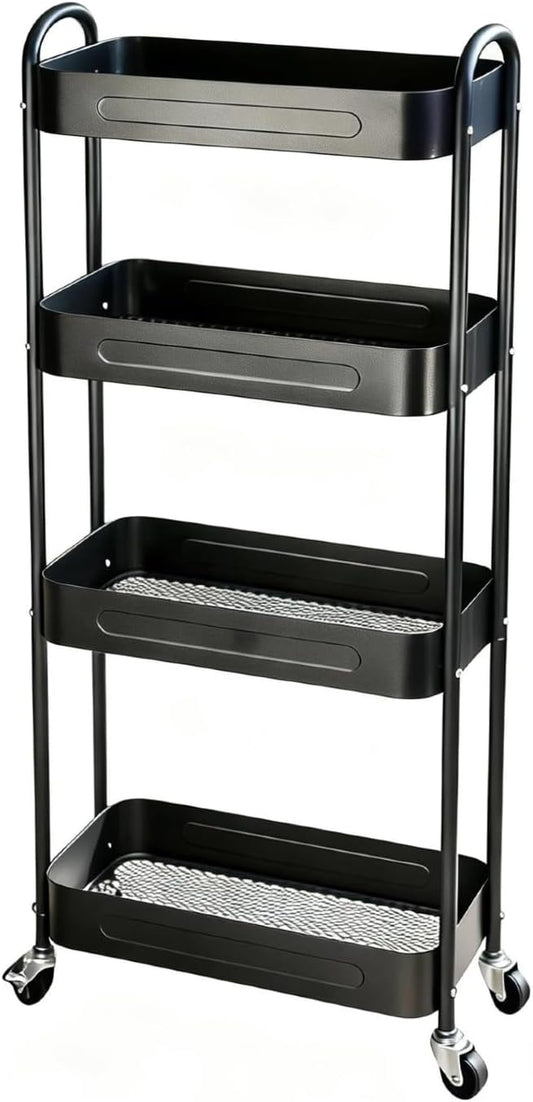 4 Tier Slim Storage Cart with Wheels for Laundry Room Between Washer and Dryer, 7.1'' Narrow Rolling Cart with Wheels and Lockable Casters, Metal Thin Standing Shelf for Small Space, Black