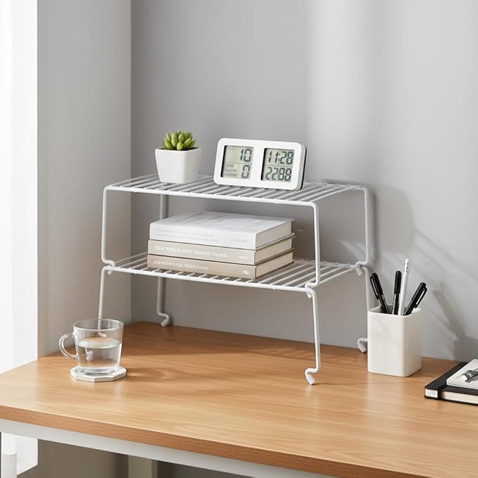 4-Pack Large (15.7x8.54inch) Multi-Level Organizer Rack, Kitchen Shelves for Spice Organization for Cabinet, Pantry Organizers and Storage, Wire Extra Shelf, Desk Organizer, Stackable, White