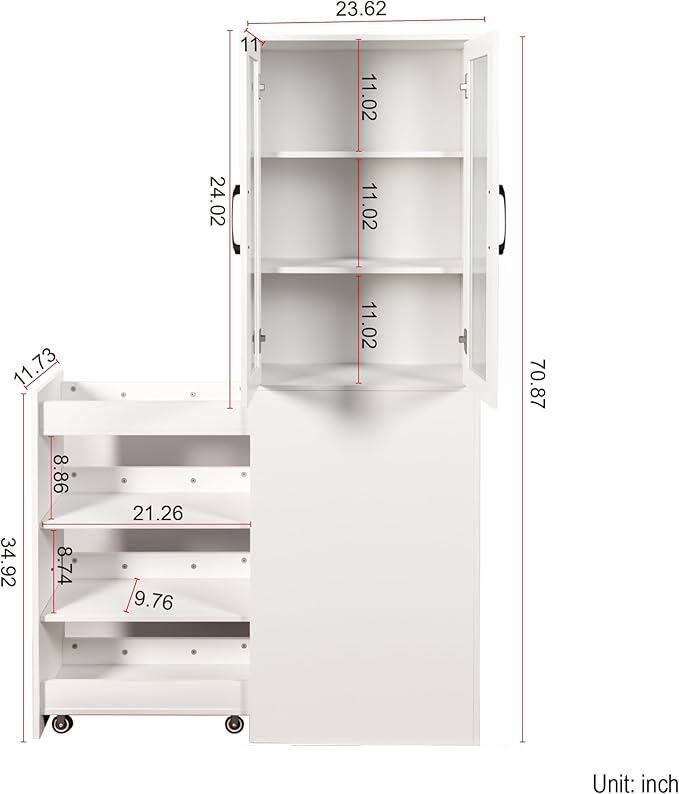 White Tall Storage Cabinet with Glass Doors and Pull-Out Rolling Cart, 71” Narrow Pantry Cabinet with Adjustable Shelves, Modern Display Bookcase for Kitchen, Bathroom, Office, Living Room