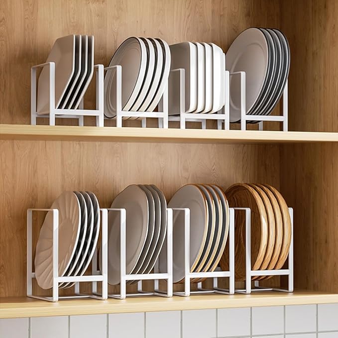 2PCS Plate Holders Organizer, Metal Dish Storage Dying Display Rack for Cabinet, Counter and Cupboard - White， Small and Large