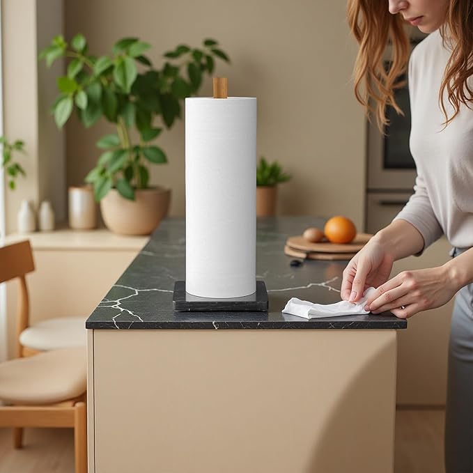 Buruis Wood Paper Towel Holder, Marble Base Modern Decorative Countertop Standing Rolls Holder for Kitchen, Toilet, Pantry and Bathroom (Square Marble Base Black)
