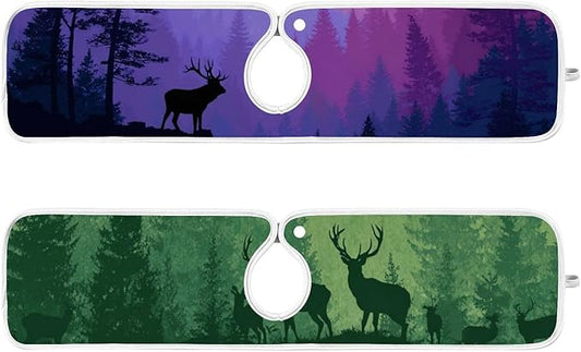 2 PCS Kitchen Sink Splash Guard 23.6 Inch Faucet Mat for Kitchen Sink Bathroom Sink Faucet Absorbing Drip Drain Mat Pad Microfiber Soft Washable Purple and Green Stag Forest Trees