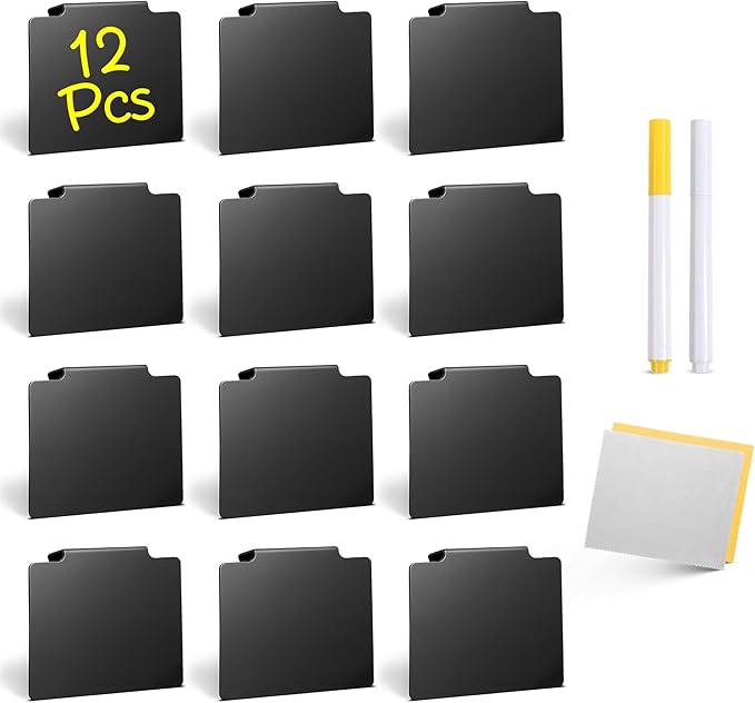 12 Pcs Basket Labels Clip on for Pantry Organization and Storage bin Labels with 2 Markers and 2 Wipe Cloths Reusable Chalk Basket Labels - Black Bin Labels Clip on Chalkboard Basket Tags