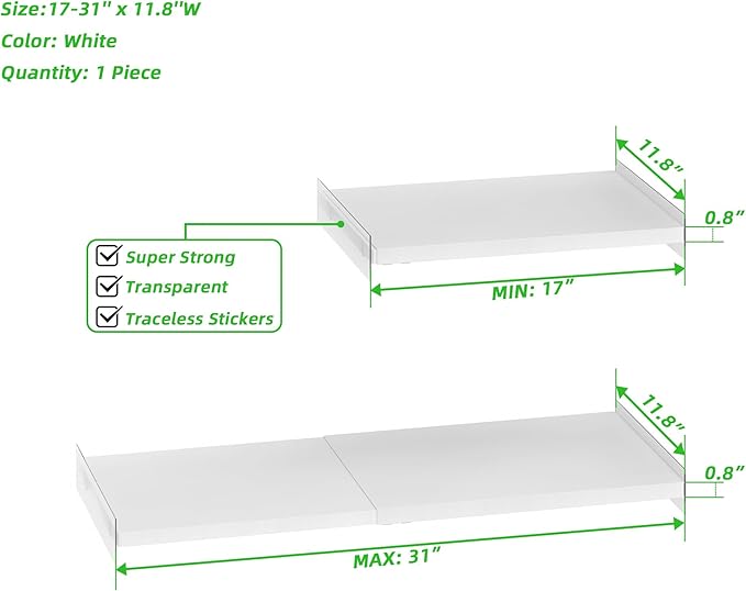 SANNO Space-Saving Closet Shelf Organizer, Adjustable 17-31" Tension Shelf with Heavy-Duty Adhesive - DIY Expandable Shelf Dividers for Cabinet, Pantry, Wardrobe, Kitchen, 3 Pack