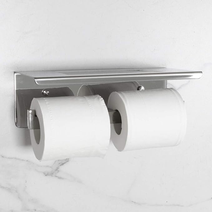 Toilet Paper Holder, Toilet Paper Double Roll Holder with Shelf, Wall Mounted, Polished Stainless Steel