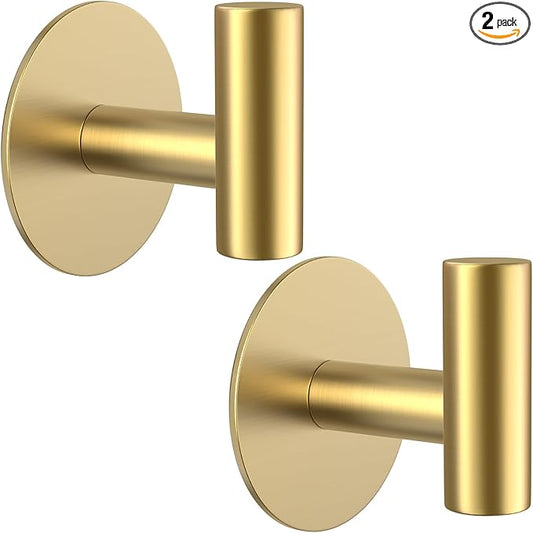 VINHOLD Gold Stainless Steel Wall Hooks, Heavy Duty Self-Adhesive Hooks for Coats, Towels, Robes, Hats, Aprons – No Drill Bathroom, Kitchen, Hotel (2 Pack)