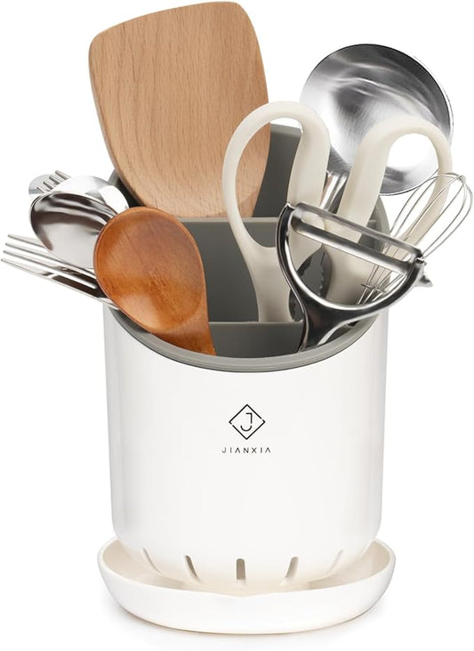 Utensil Drying Holder for Kitchen Counter，Kitchen Utensil Crock with Detachable Base Self Draining Small Utensil Cutlery Flatware Silverware Holder Drainer Cup（White）