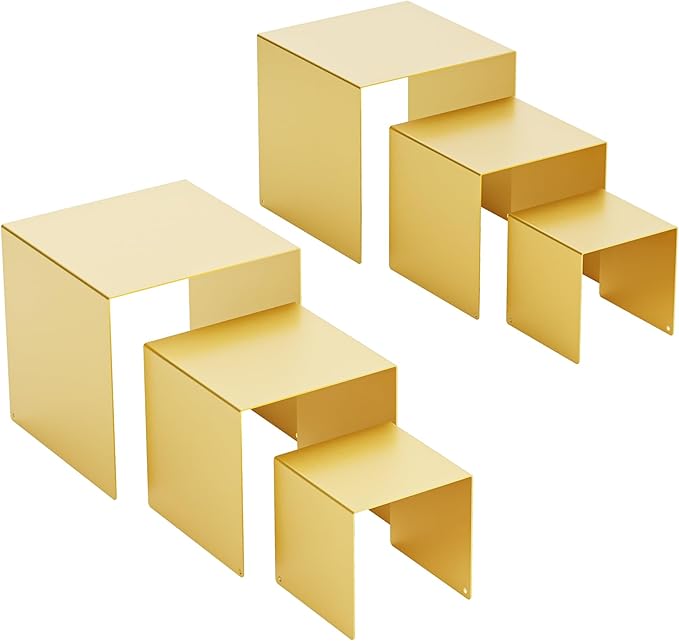Matte Metal Display Stand,6 Pcs 2 Set Display Risers for Display, Metal Rectangular Display Shelf for Showcase, Dessert, Toys, Perfume (Gold, 3''x4''x5)