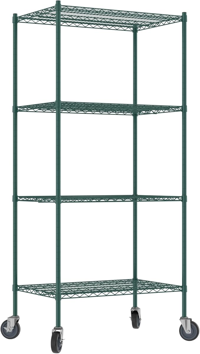 Commercial NSF Listed Green Epoxy Mobile Wire Shelving Kit 24" x 36" x 80", with 4 Shelves Perfect for Warehouse, Walk-in Refrigerator, Freezer, Grocery Store, Restaurant, Dishroom