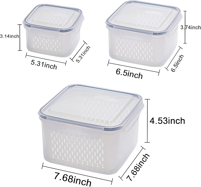 Ronanemon 3Pack Fridge Food Storage Container Set with Lids with Strainer, Fruit Vegetable Storage Containers Keep Fruits, Vegetables, Berry, Meat Fresh longer, BPA-Free Plastic Produce Keepers