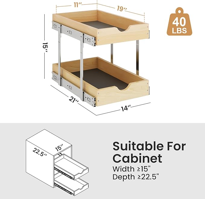 YORKING 2 Tier Pull Out Cabinet Organizer,14" W x 21" D Wooden Cabinet Roll Out Drawers,Heavy-Duty Slide out Wood Drawer Shelf,Pull Out Drawer for Cabinets,Pantry, Bathroom,Kitchen