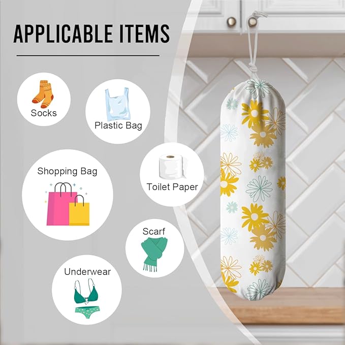 Yellow Flower Plastic Bags Holder, Bag Dispenser for Shopping Traveling Trash Bags, Grocery Bag Organizer, Kitchen Housewarming Gifts for Women Family Friends Grandma Mom