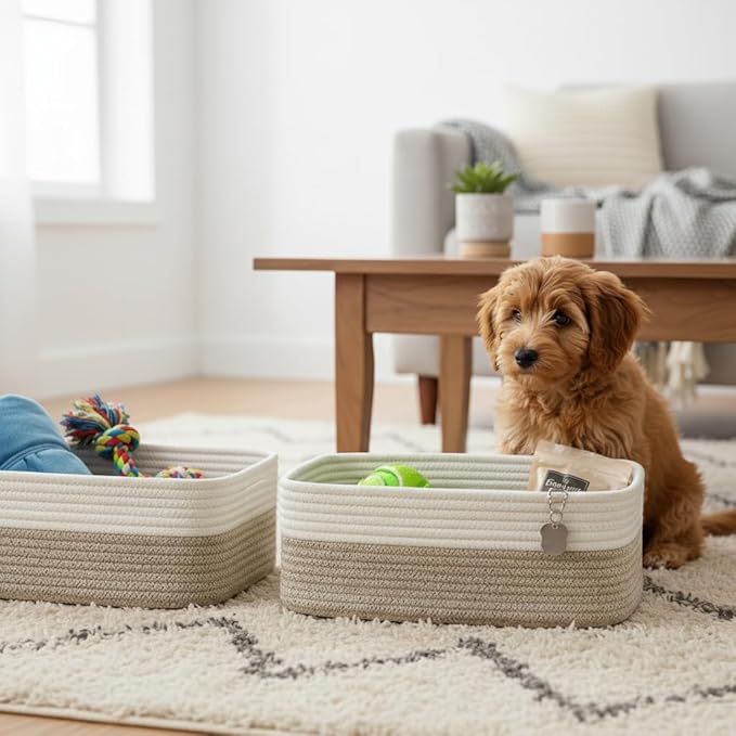 Storage Baskets for Organizing 3 Pack, Woven Baskets for Storage 15"x11"x5.1", Shelf Basket Closet Basket Empty Gift Baskets Woven Storage Bins, White & Mixed Brown