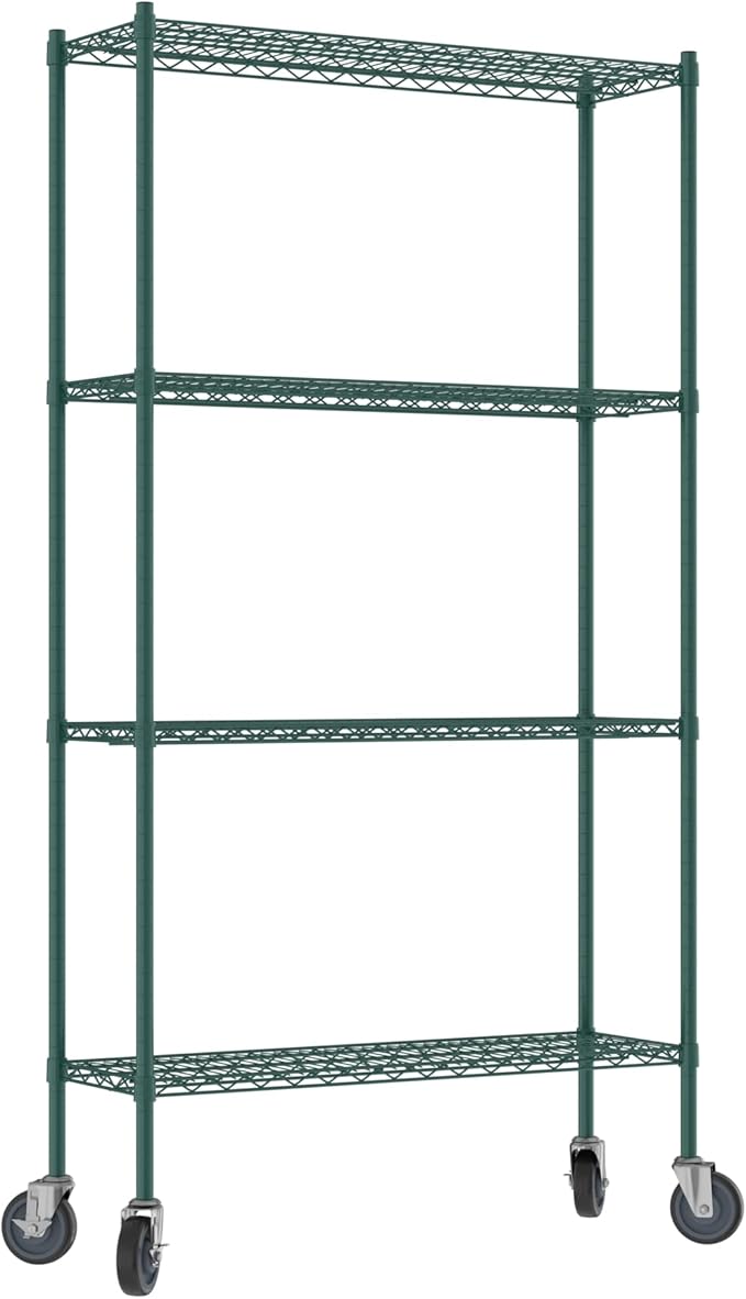 Commercial NSF Listed Green Epoxy Mobile Wire Shelving Kit 14" x 42" x 80", with 4 Shelves Perfect for Warehouse, Walk-in Refrigerator, Freezer, Grocery Store, Restaurant, Dishroom