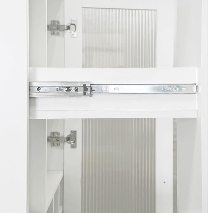 Pull-Out Kitchen Pantry Cabinet with Multi-Tier Shelves, Glass Doors & Spice Rack, Freestanding Wood Hutch Storage Cabinet Next to Refrigerator for Coffee Bar, Dining Room, Narrow Spaces