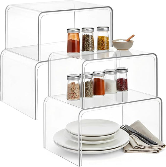 4 Pcs Clear Spice Rack Shelves, Pantry Organizers and Storage Set, Display Shelf Organizer, Stackable Desktop Organizer for Kitchen, Bathroom, 10.6 x 7.7 x 6.3 in & 7.4 x 5.3 x 10.6 in