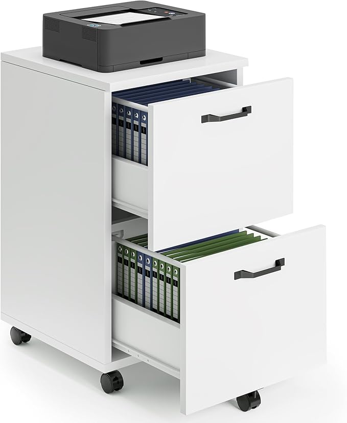 Sweetcrispy 2 Drawer Filing Cabinet White, Rolling Wood File Cabinets with Printer Stand Under Desk Storage Lockable Wheels, Home Office Organizer for A4 Letter Legal Size Documents