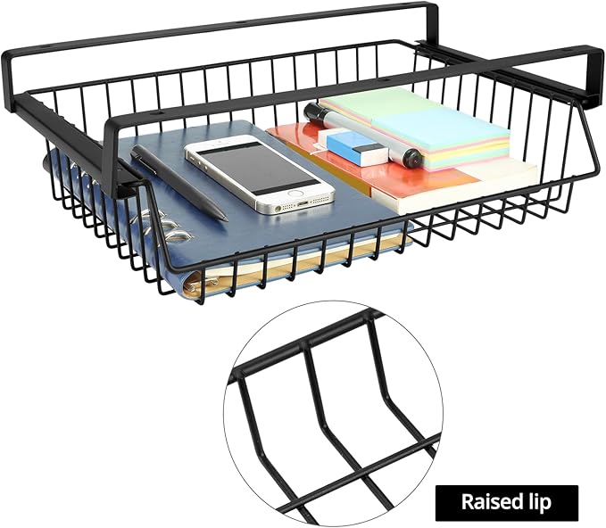QWORK 2 Pack Under Desk Drawer -Slide Out- Metal Under-Desk Storage Organizer, Under Table Cord Management Organizer Storage Shelf Tray Basket (12.6'' x 9.3'' x 5.1'')