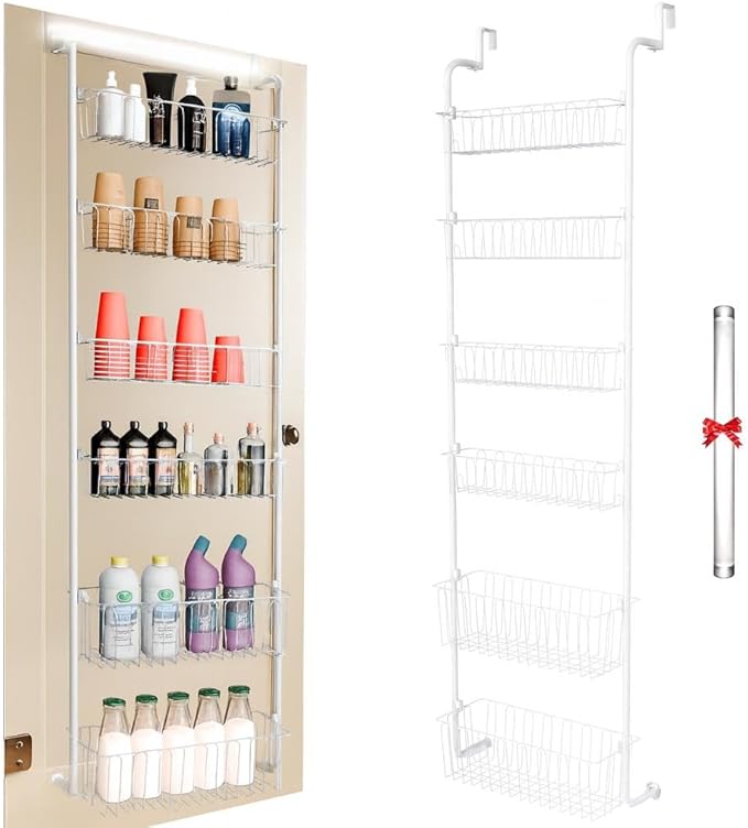Over Door Organizer Storage - 6 Tier White Metal Over The Door Pantry Organizer Heavy Duty Hanging Storage Rack, Behind Cabinet Shelves for Home, Kitchen, Bathroom, Closet, Pantry
