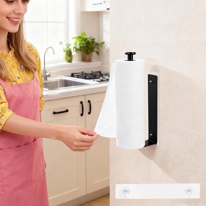 Magnetic Paper Towel Holder for Fridge, No Drill, One Hand Tear Paper Towel Holder with Ratchet Mechanism, Self-Adhesive & Wall Mount for Refrigerator, Kitchen, Garage, RV(Color:Black)