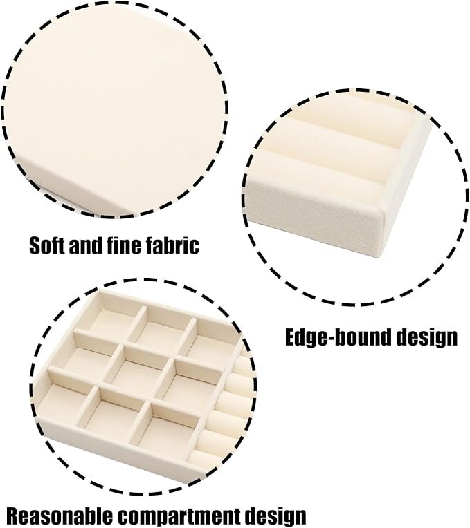 Velvet Jewelry Organizer Trays Beige Stackable Jewelry Storage Display Tray with Removable Dividers, 9 Grids and Rolls