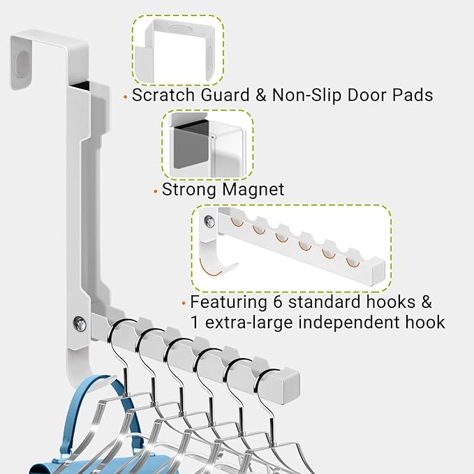 2-Pack Foldable Over The Door Organizer Hanger, 7-in-1 Space Saver with 6 Grooves & 1 Always-Usable Hook for Coat, Bag, Towel - Ideal for Entryway, Bedroom, Bathroom, Dorm, Travel, White