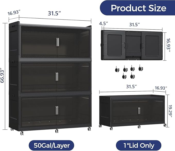 QAVABIN 150GAL Extra Large Storage Bins with Lid, 600QT Collapsible Organizer with Wheels, Stackable Closet Cabinet with Doors, Folding Storage Containers for Home, Office, Kitchen, 3Pack Black