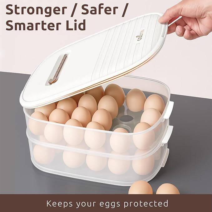 COZYTO Premium EggNest 2-Layer Egg Holder for Refrigerator – Stackable Egg Storage Tray with Sliding Date Dial Lid | Holds 44 Eggs | BPA-Free, Durable & Space-Saving (White Lid & Transparent Box)