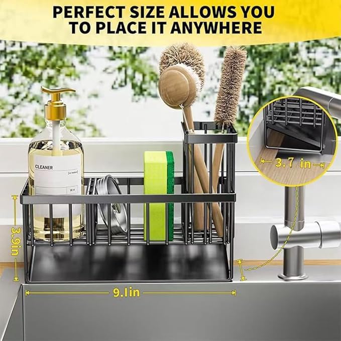 Kitchen Sink Caddy, Black Metal Wire Basket with Drip Tray, Sponge Holder for Dish Soap and Brushes, 9.1x3.7x6.2 inches (Black)