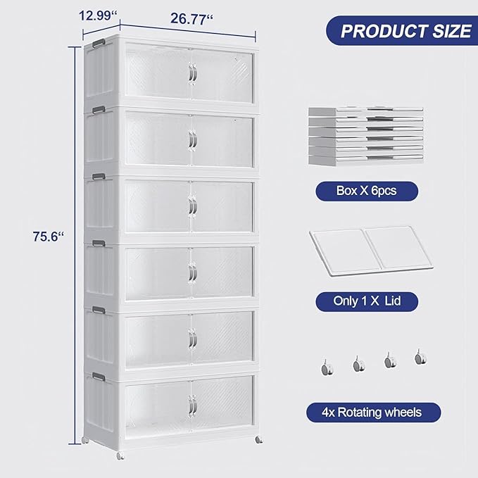 720QT Extra Large Stackable Storage Bins with Lid, 180Gal Plastic Closet Organizers and Storage Drawer, Collapsible Cabinet Box with Wheels Clear Doors for Home Kitchen Office, 6Pack White