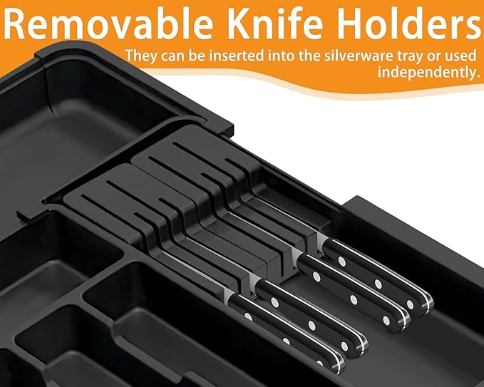 Extra Large Expandable Silverware Organizer, BPA-Free Food-Safe Cutlery Holder, Adjustable Kitchen Utensil Drawer Organizer for Spoons Forks Knives (Black)