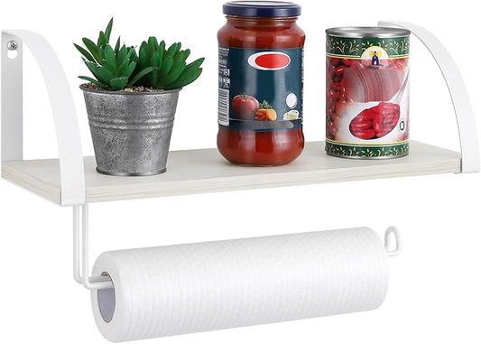 BTY Paper Towel Holder with Shelf Farmhouse Paper Towel Holder Wall Mount Spice Rack Wood Storage Shelf with Paper Towel Roll Holder for Kitchen Pantry Bathroom White
