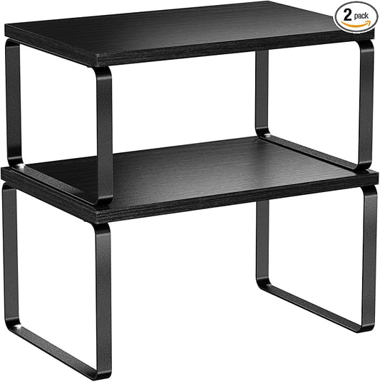 Simple Trending Cabinet Organizer Shelf, Set of 2 Stackable Kitchen Counter Shelves, Expandable Spice Rack Kitchen Storage Riser, Metal Engineered Wood, Black