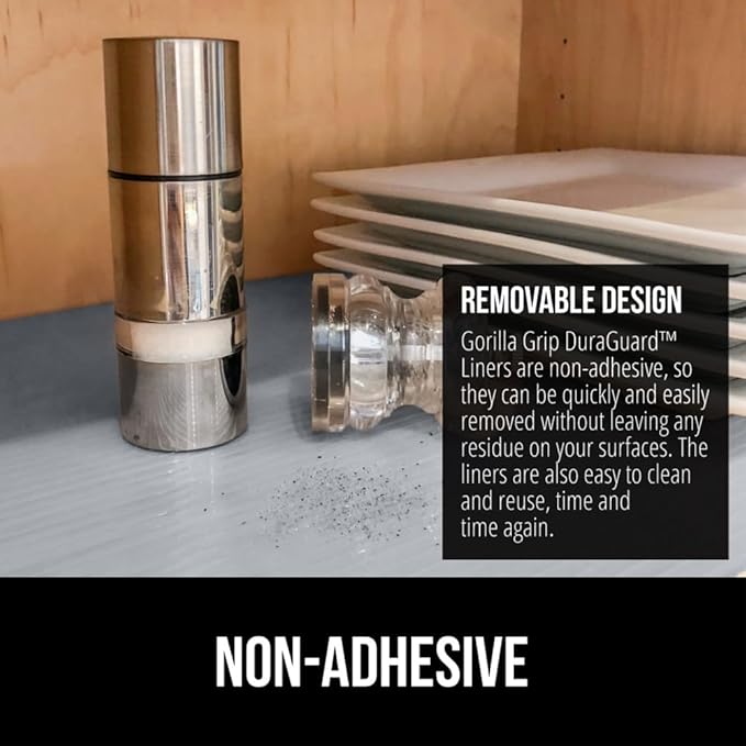 GORILLA GRIP DuraGuard Shelf Liner, Non-Adhesive Cabinet Liners for Kitchen Drawers, Shelves, Refrigerator, Pantry Storage, Bathroom Closet, Durable Waterproof BPA Free Ribbed Plastic, 12x20 Gray